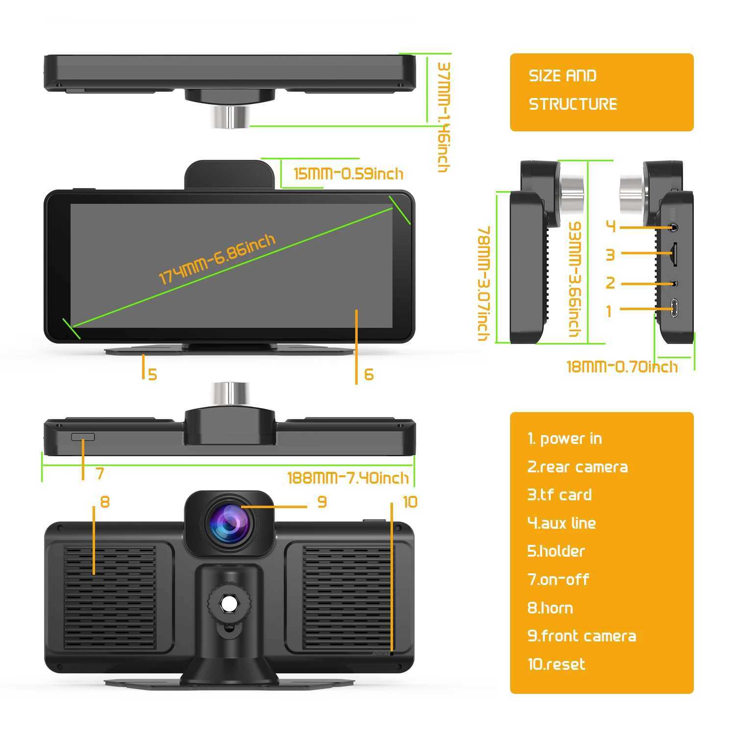 car dvr Wireless Carplay WIFI Bluetooth 4k Dash Cam Dual lens Asawin 6.86 HD Touch screen Voice control Siri Gps Navigation FM AUX R250506