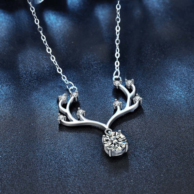 925 Sterling Silver Antler Pendant Necklace with Moissanite, Unique Christmas Gift for Women, Delicate Collarbone Chain Jewelry