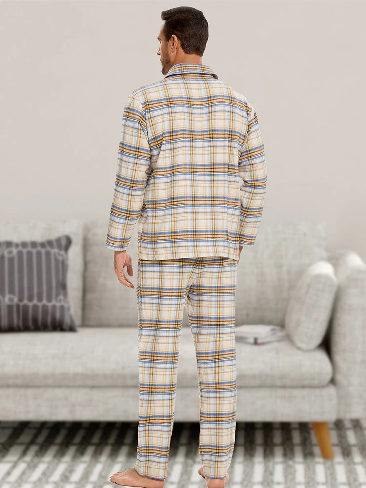 Mens Pajama Set AutumnWinter Fashion Checkered Flannel Printed Long Sleeve Casual Home Wearing 2piece Soft Lounge y250427