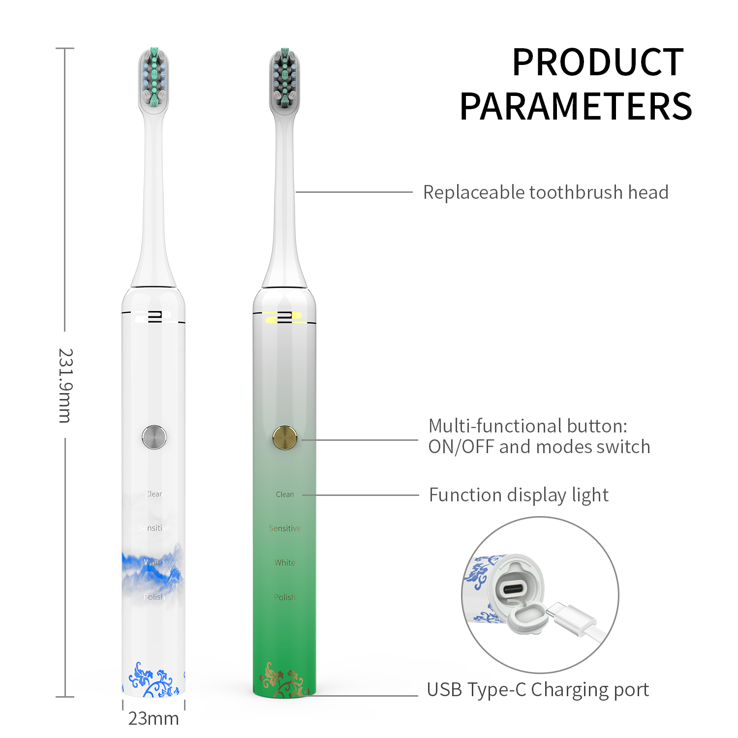 Chinese Style Teenager Electric Toothbrush Waterproof Rechargeable Smart Toothbrush Electrical with Blue Floral Design