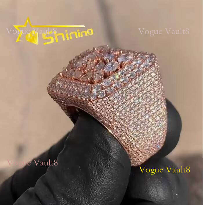 Hip Hop Sterling Sier Rose Gold Plated Iced Out Fancy Cut Buss Down Thick VVS Moissanite Dia Ring Men