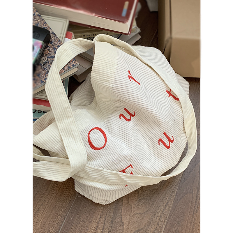 Korean version embroidered letter corduroy large bag for girls 2024 New tote bag for Students to attend classes Large-capacity crossbody bag