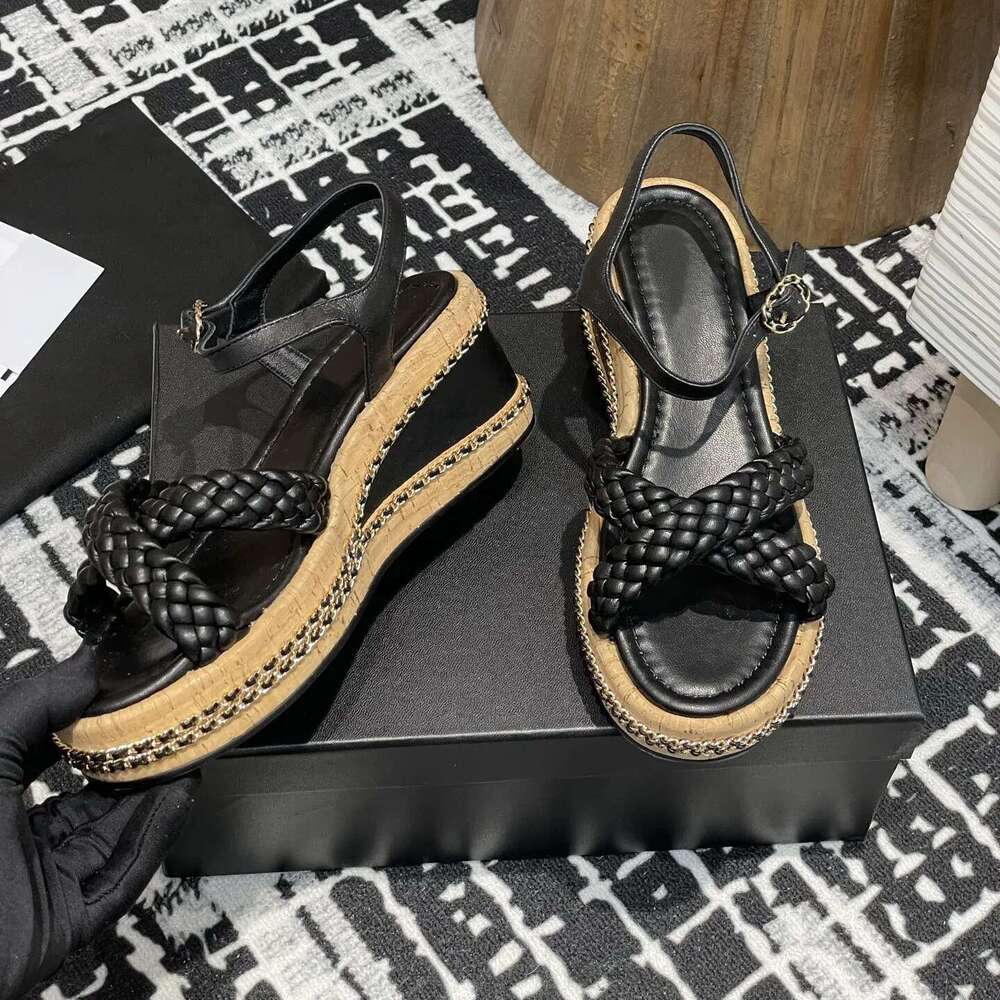 luxury Spring Summer Casual High Heels Solid Color Round Toe Shoes For Women Ankle Buckle Genuien Leather Sandals Size 35-41 New