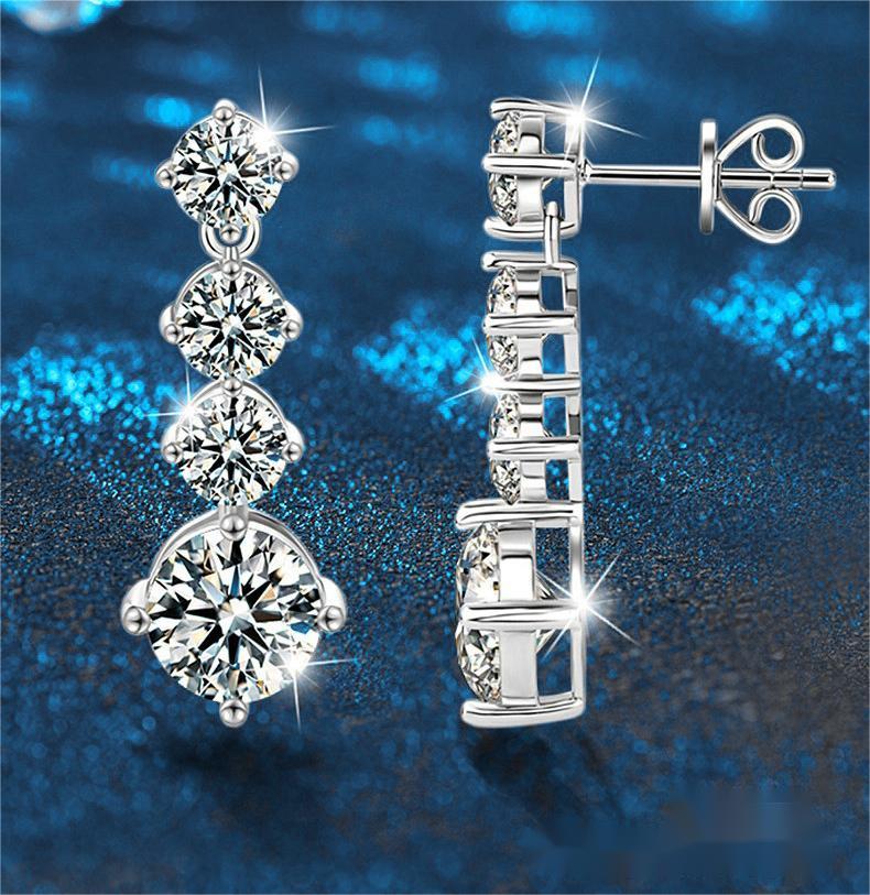 S925 Sterling Silver Moissanite Drop Earrings | Elegant 4-Prong Setting | Sparkling Bridal Jewelry for Women