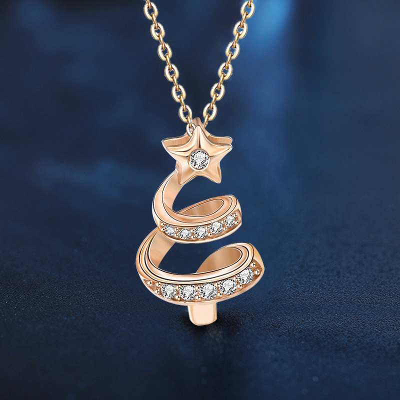 925 Sterling Silver Christmas Tree Necklace with Star Pendant | Holiday Jewelry Gift for Women | Cute Zircon Inlay Collarbone Chain