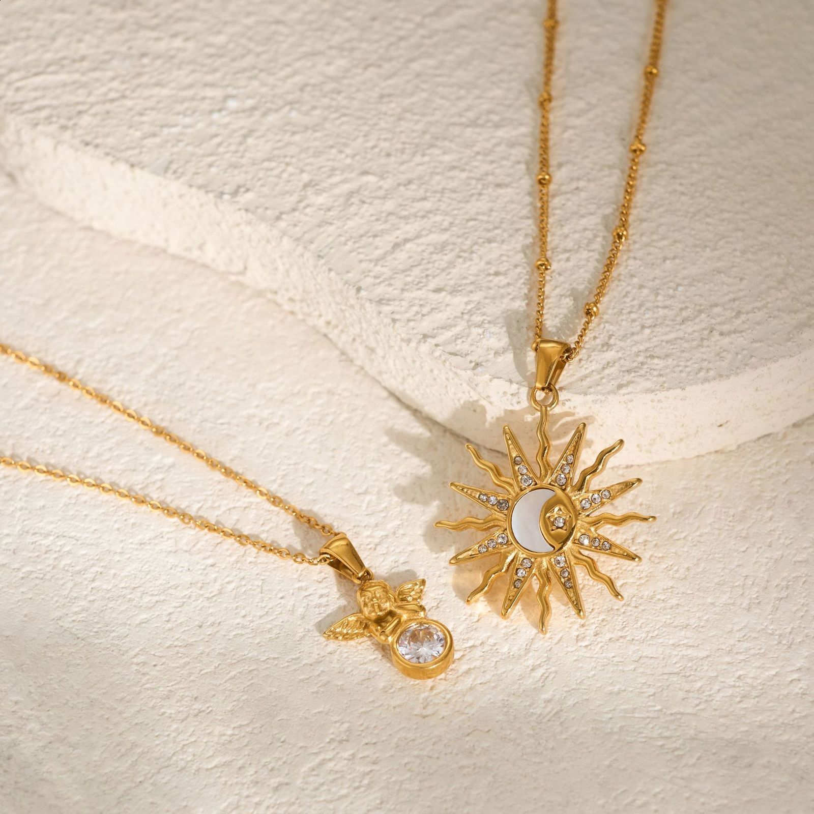 INS18k genuine gold electroplated steel cross chain angel baby pendant necklace 241113