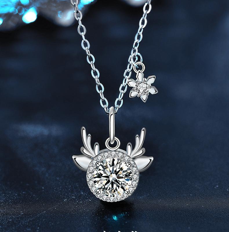 Moissanite Deer Pendant Necklace for Women, 925 Sterling Silver Reindeer Antler Jewelry, Christmas Gift Cute Design