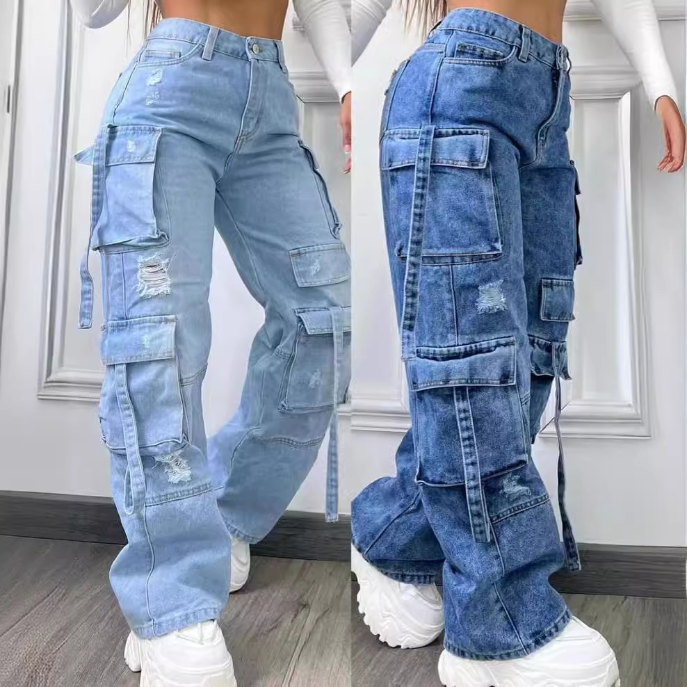 Multi Pocket Cargo Jeans Womens Wide Leg Pants Unique High Waist Mens Y2k Street Clothing Large Size Bagged Pants 241211