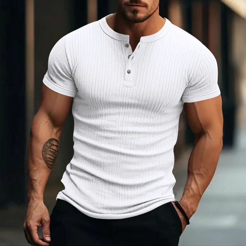 Mens Stylish Stripe Knit T-shirt -Fashionable Henley Neck Short Sleeves Soft Breathable - Perfect Comfy Tops for Leisurewear 250513