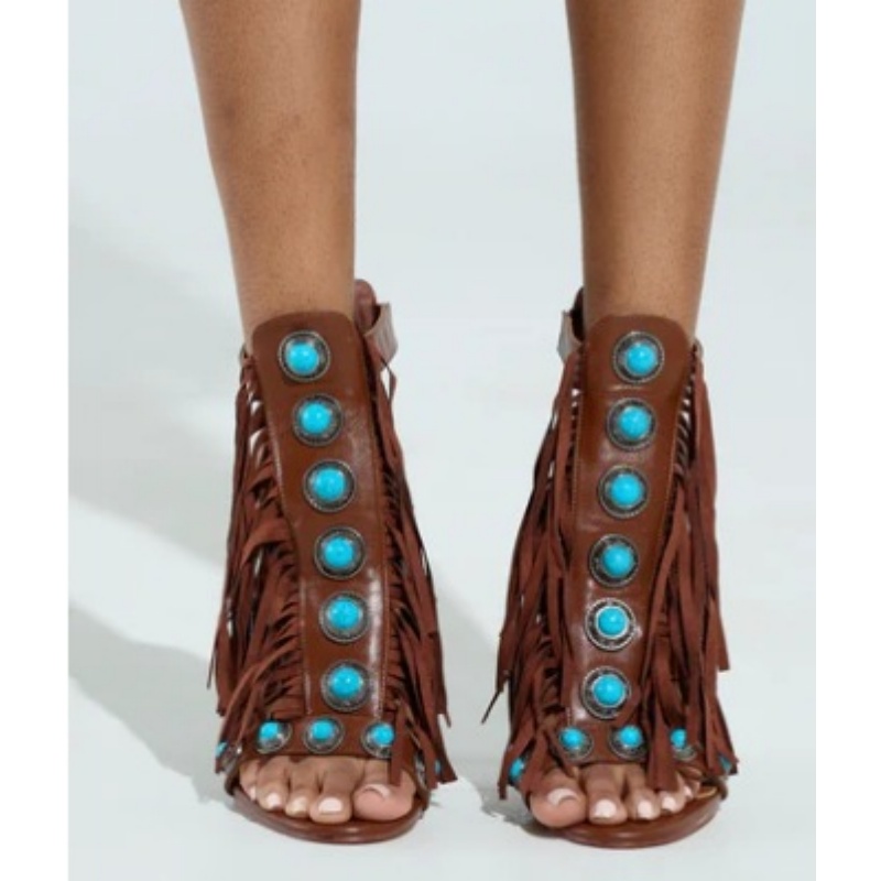 Sandals Fringe Cross-tied Stilettos Round Toe Buckle Decor Back Straps Lace-up Thin High Heels 2025 Women Fashion Shoes Bohemian