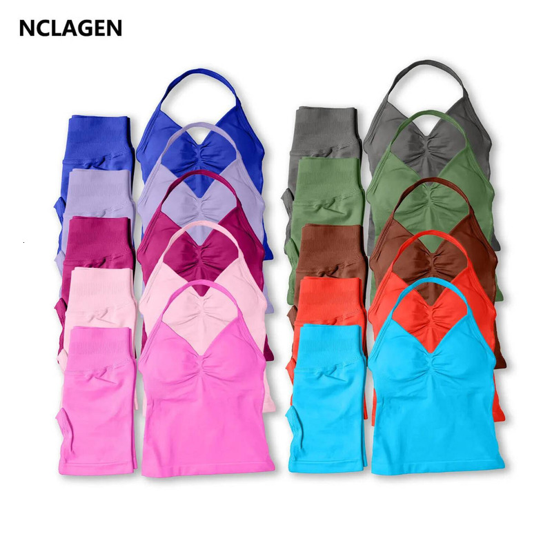 NCLAGEN Yoga Sets Women Gym Clothes Longline Strappy Top And Impact Shorts Sports 2 Piece Fiess Suit Running Workou