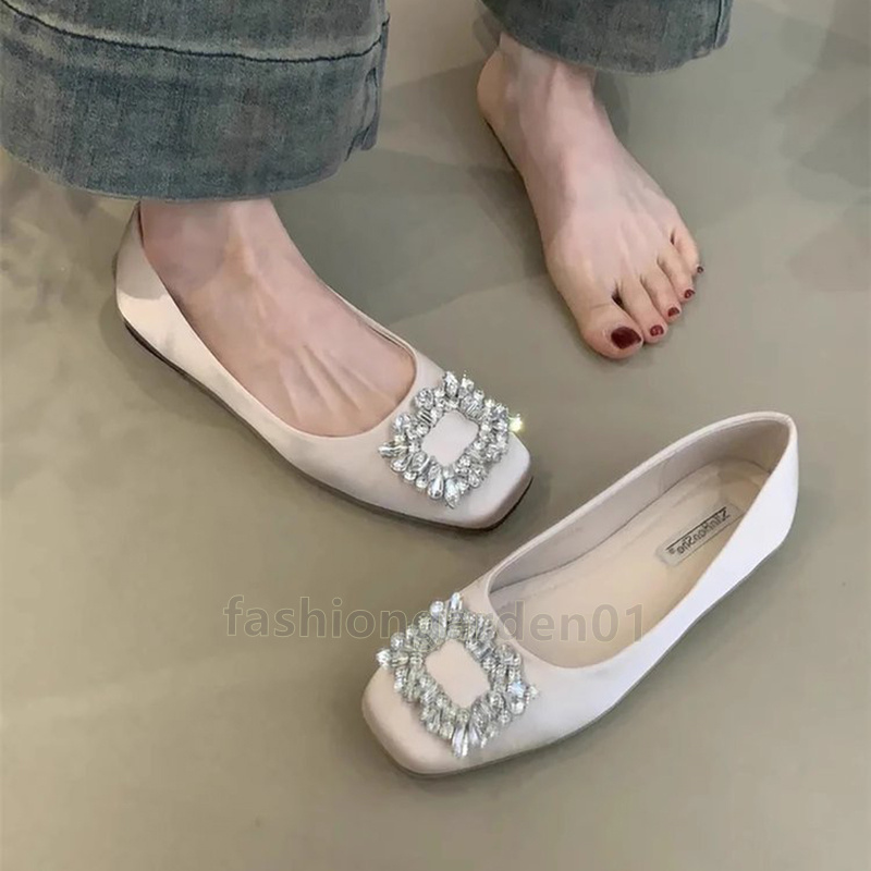 2025 designer heels women fashion loafers womens flats sandal glitter rhinestone luxury low-heel shoes satin face elegant grey beige black comfortable