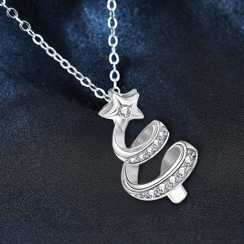 925 Sterling Silver Christmas Tree Necklace with Star Pendant | Holiday Jewelry Gift for Women | Cute Zircon Inlay Collarbone Chain
