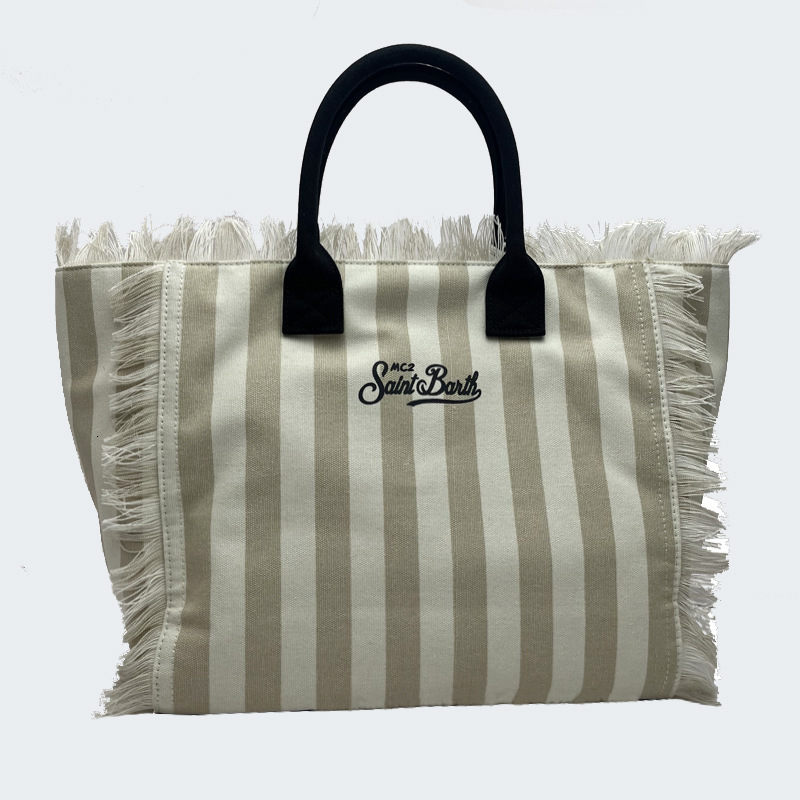 New Women's Large Capacity Casual Beach Canvas Striped Tassel Handheld Tote Bag