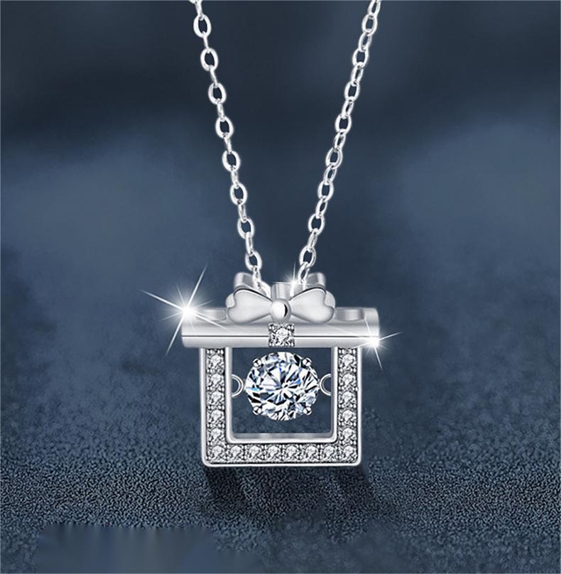 925 Sterling Silver Moissanite Gift Box Pendant Necklace | Elegant Bow Design Crystal Jewelry for Women Holiday Present