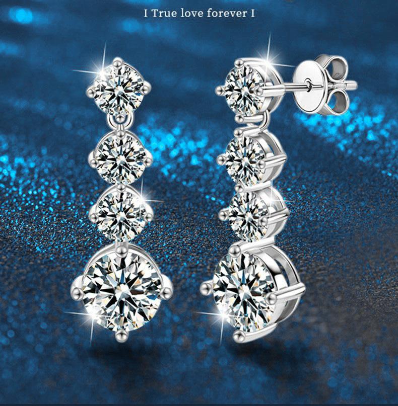 S925 Sterling Silver Moissanite Drop Earrings | Elegant 4-Prong Setting | Sparkling Bridal Jewelry for Women