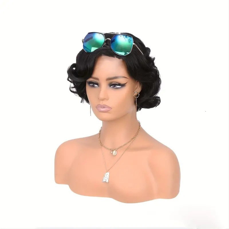 lace Front wig black slightly parted short curly hair high temperature silk fluffy synthetic fiber big wave curly hair headband