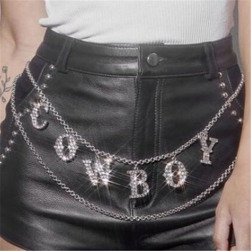 MW2936waist chain fashion rhinestone inlaid letter pendant wave flow Su chain waist chain waist accessory