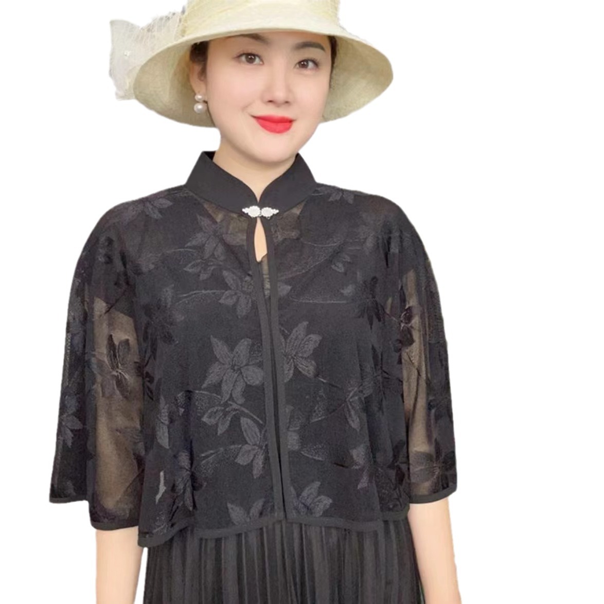 K630 Summer new hollow cheongsam shawl women's outer wear Western-style all-match skirt suspender skirt outer wear sun protection stand collar ca