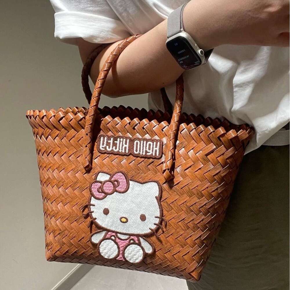 Summer Woven Bag Beach Bag Same Style Kitty Handmade Woven Wicker Basket Bag For Beach Vacation Girls Handbag KQ KQ