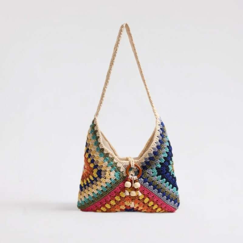 Summer Woven Bag Beach Bag Ethnic Single Shoulder Cotton Thread New Color Grandmother Grid Grass Woven Vacation Style Beach Bag Versatile Women S Bag 