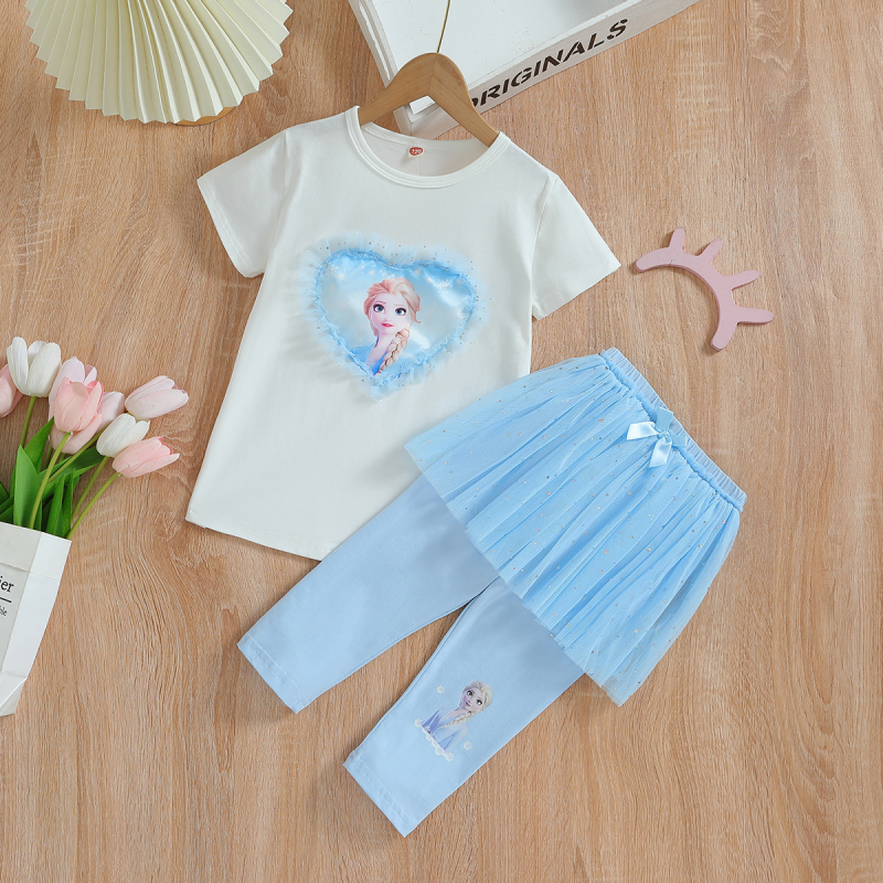 DISNEY Frozen Elsa princess girls designer clothes Girls short-sleeved suit thin long pants suit children's sports casual wear spring and summer 