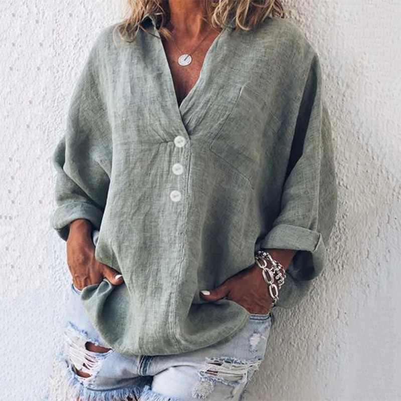 Simple Style Single Pockets Shirt Women V Neck Button Decoration Pullover Blouse Female Solid Color Cotton Linen Loose Tops 250513