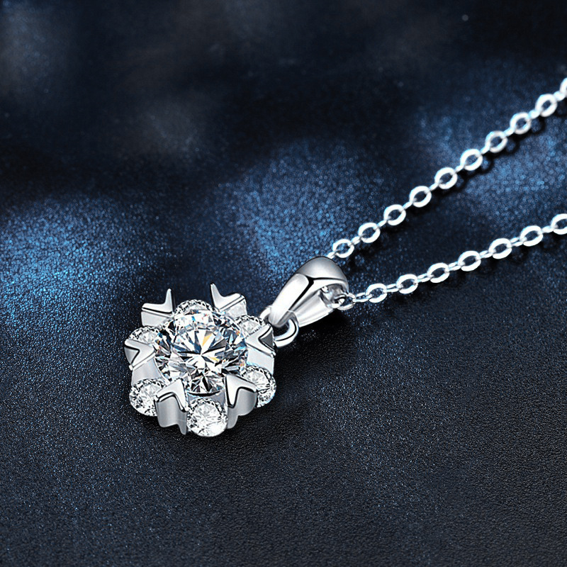 Snowflake Moissanite Necklace 925 Sterling Silver Pendant | White Gold Dainty Clavicle Chain for Women | Gift for Girlfriend