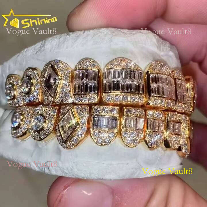 Hop Iced Out Invisible Setting Princess Cut Custom Yellow Gold VVS Moissanite Dia Grillz