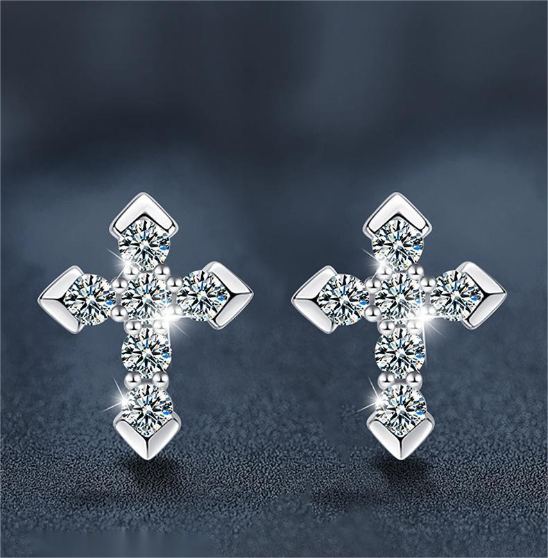 Silver Cross Stud Earrings with Moissanite 925 Sterling Silver Hypoallergenic 2024 New Trendy Elegant Earrings Fashion Accessories Birthday Gifts