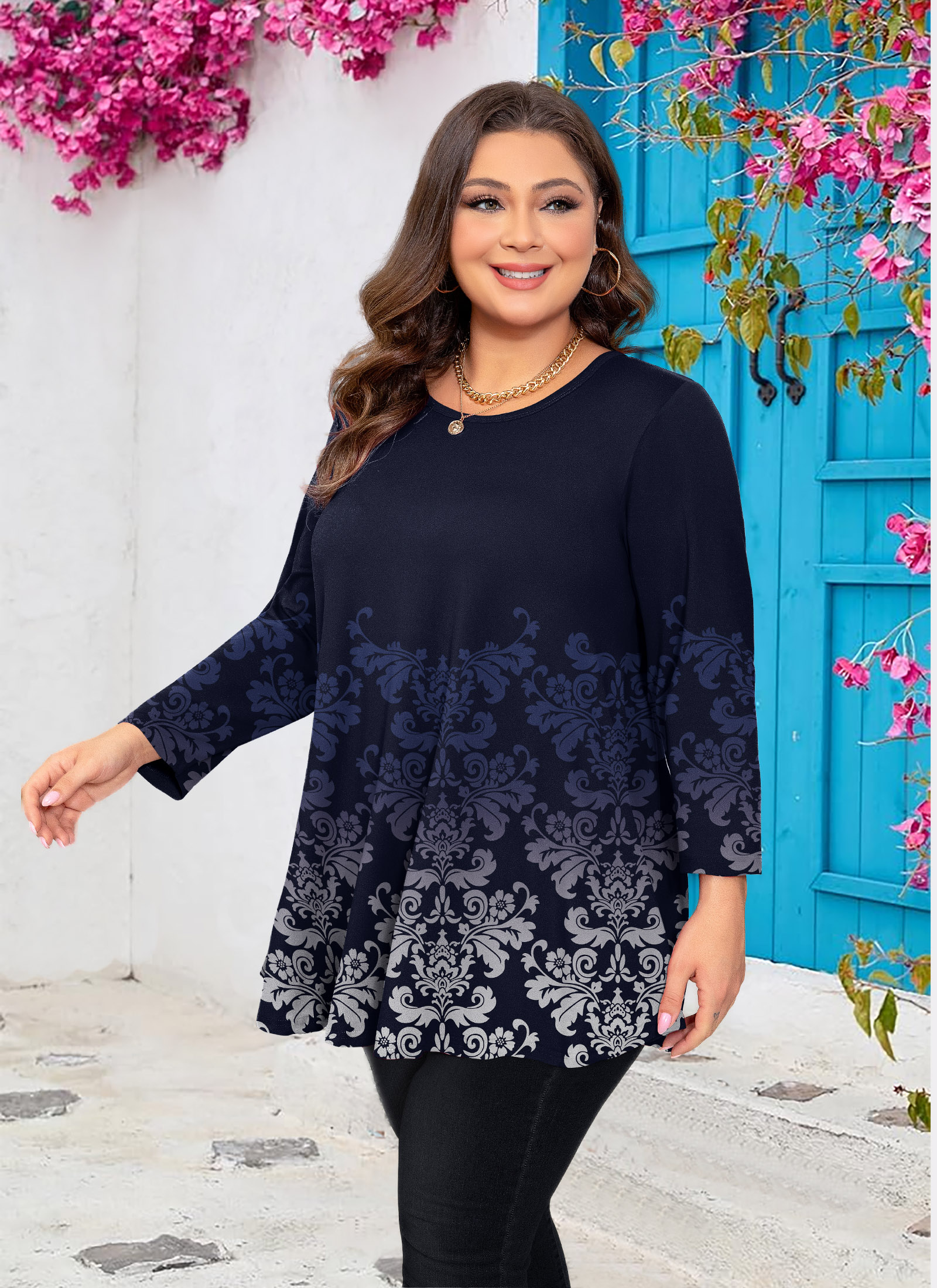Womens Tunic Tops 3/4 Sleeve Plus Size Crew Neck Swing Flare Loose Fit T-Shirt Blouses to Wear with Leggings Navy Blue Tunics Floral Printed