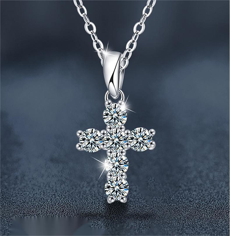 Classic Cross Moissanite Pendant Necklace - 925 Sterling Silver, Hypoallergenic, Elegant Religious Jewelry