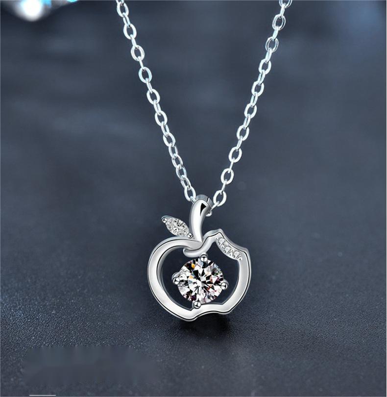 925 Sterling Silver Apple Pendant Necklace for Women | Moissanite Clavicle Chain | Peace Christmas Eve Gift with Sparkle Stone