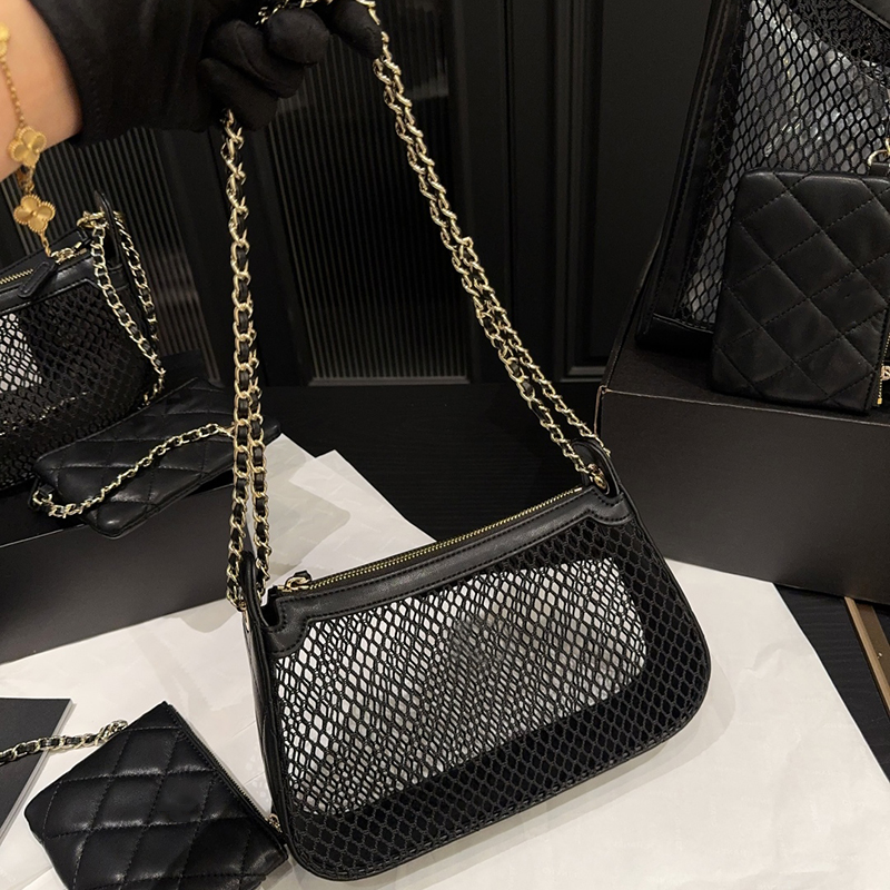 25s Fishing Net Gauze Bag Makeup Bag Fashion Ladys Shoulder Bag Hollowed-Out Gold Hardware Metal Matelasse Chain Handbag Crossbody Sacoche Purse Card bag 22cm