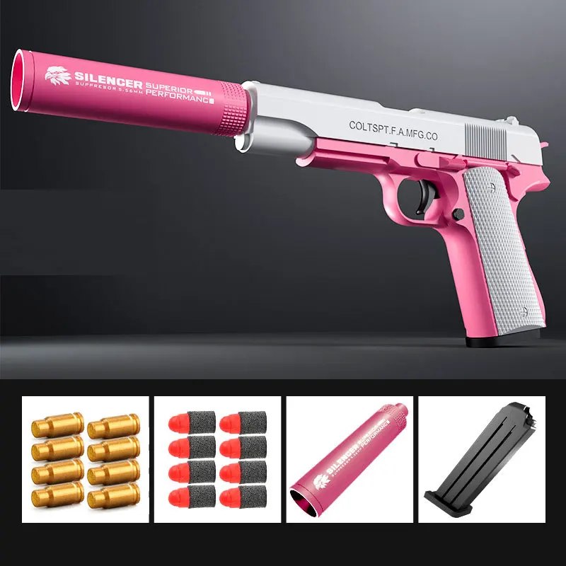 Toy Pistol Soft Bullet Toy Guns M1911 Shell Ejected Foam Darts Blaster Manual Airsoft Weapon with Silencer For Kids Adults