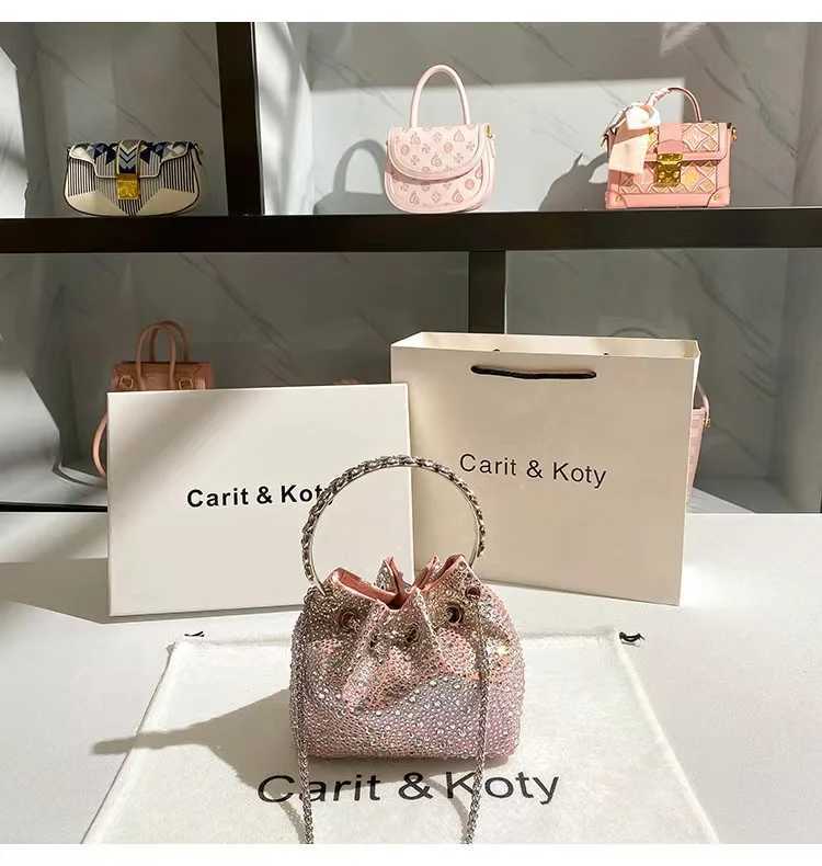 Sparkling Diamond Evening Bag Metal Ring Handle Bucket Bag Womens Handbag Wedding Party Clutch Wallet Shoulder Cross BagC250506