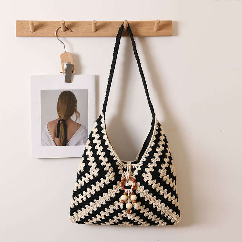 Summer Woven Bag Beach Bag Ethnic Single Shoulder Cotton Thread New Color Grandmother Grid Grass Woven Vacation Style Beach Bag Versatile Women S Bag 