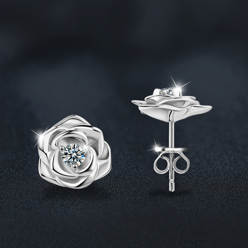 925 Sterling Silver Moissanite Rose Flower Stud Earrings for Women Jewelry Gift