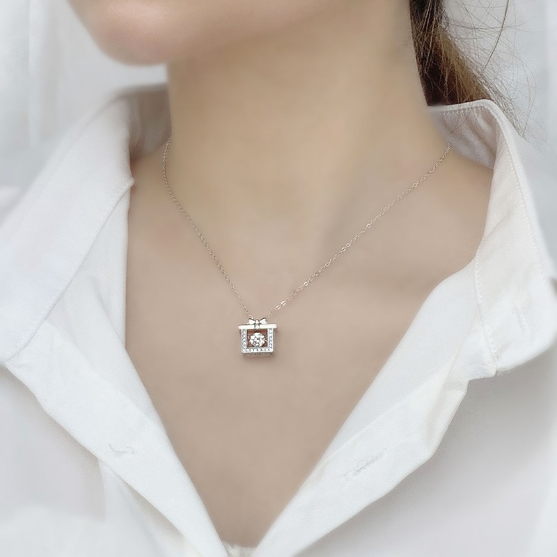 925 Sterling Silver Moissanite Gift Box Pendant Necklace | Elegant Bow Design Crystal Jewelry for Women Holiday Present
