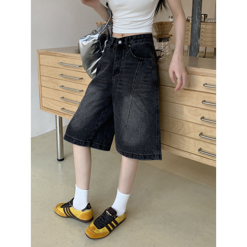 Black gray high waisted wide leg denim six quarter pants for women 241008