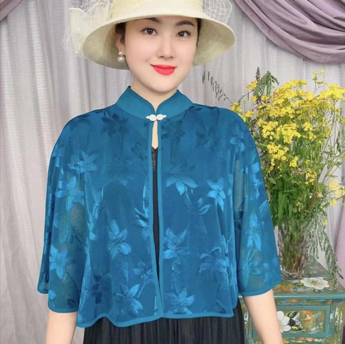 K630 Summer new hollow cheongsam shawl women's outer wear Western-style all-match skirt suspender skirt outer wear sun protection stand collar ca