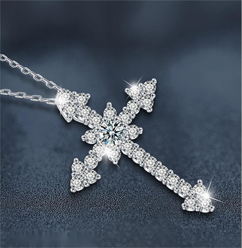 Luxury Statement Piece: Genuine Sterling Silver Moissanite Cross Neckpiece Adorned with Sparkling Stones