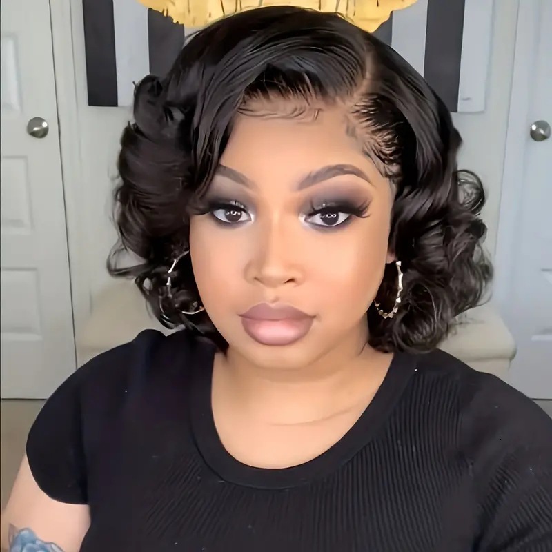 lace Front wig black slightly parted short curly hair high temperature silk fluffy synthetic fiber big wave curly hair headband