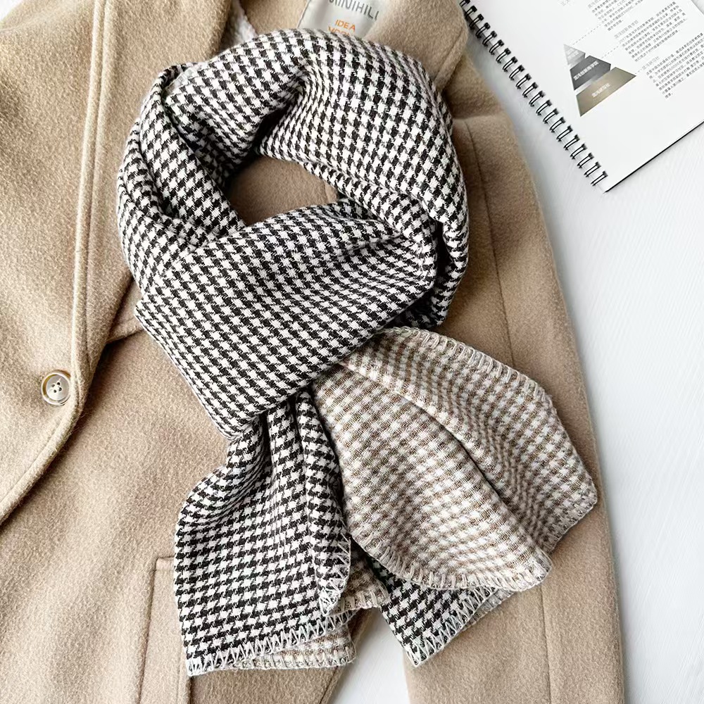 T640 double-sided houndstooth scarf female winter simple couple neck scarf hand-locked soft waxy thick shawl scarf