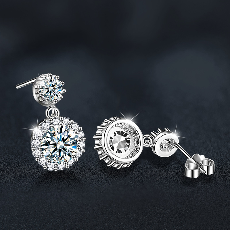 Moissanite Halo Drop Earrings for Women S925 Sterling Silver | Round Brilliant Studs with Dazzling Double Layer Design