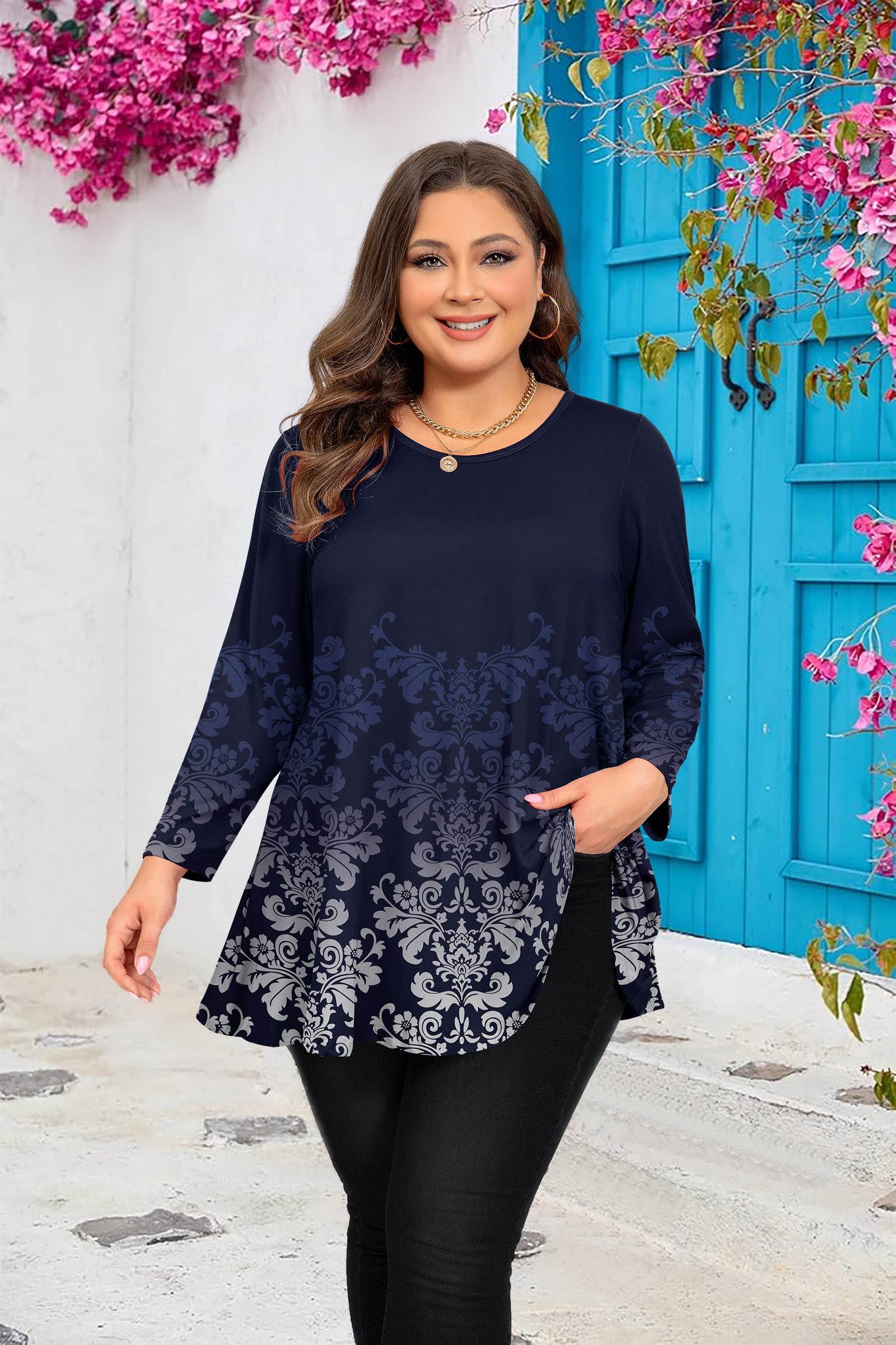 Womens Tunic Tops 3/4 Sleeve Plus Size Crew Neck Swing Flare Loose Fit T-Shirt Blouses to Wear with Leggings Navy Blue Tunics Floral Printed