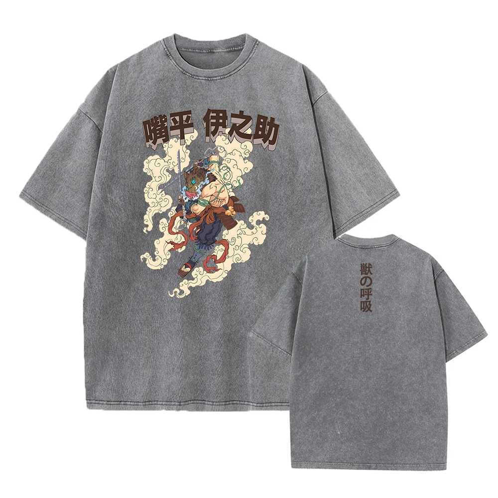 Haruku Demon Slayer Graphic Shirt Men Vintage Oversized Anime Washed T Shirts for Women Streetwear Summer Tees Tshirt