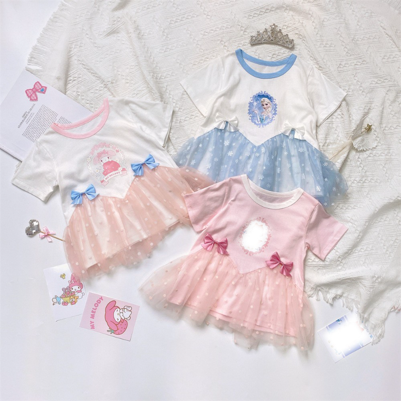 DISNEY Frozen Elsa princess kids designer clothes Summer sheer set for girl baby girl pure cotton short-sleeved two-piece set.