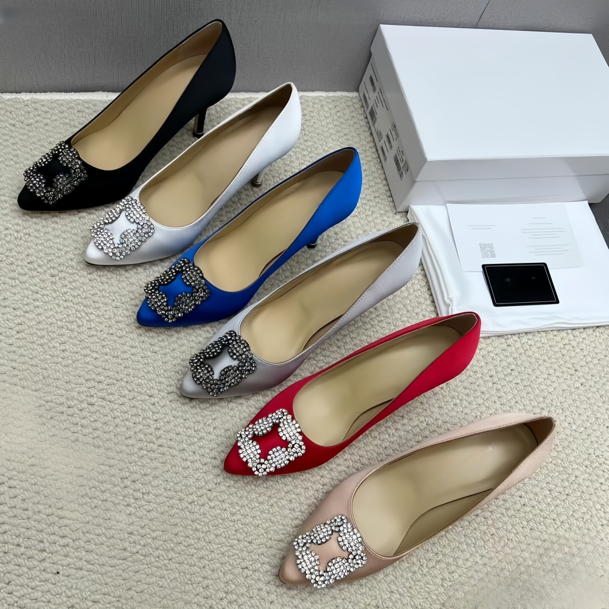 High Heels Luxury Designer Women Wedding Shoes Metal Square Buckle Classic Brand 6cm 8cm 10cm Thin Heels Pointed Toes Pumps 35-42