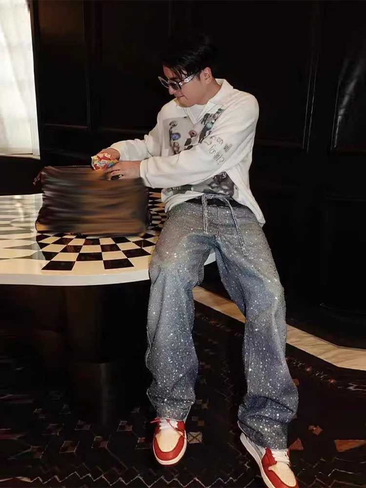 Luxury Men Women High Waist Shining Rhinestones Denim Jeans Trendy Wide Leg Baggy Pant Unisex Casual High Street Style Trousers W250506